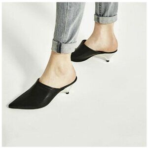 Zara Leather Black Slip On Metallic Silver Kitten Heel Mules